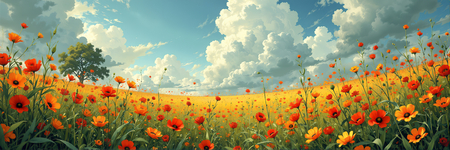 Tableau illustratif hyper réaliste représentant un paysage dynamique de coquelicots colorés. Une œuvre expressive et très décorative, disponible en plusieurs variantes.