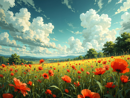 Tableau illustratif hyper réaliste représentant un paysage dynamique de coquelicots colorés. Une œuvre expressive et très décorative, disponible en plusieurs variantes.
