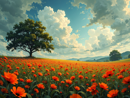 Tableau illustratif hyper réaliste représentant un paysage dynamique de coquelicots colorés. Une œuvre expressive et très décorative, disponible en plusieurs variantes.