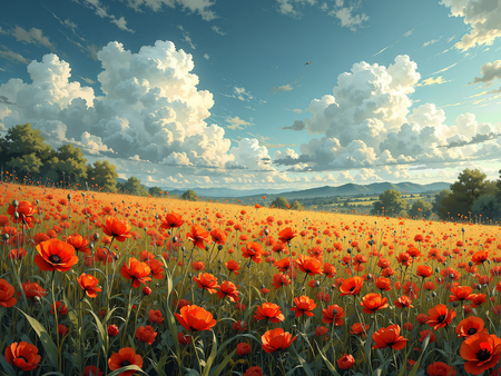 Tableau illustratif hyper réaliste représentant un paysage dynamique de coquelicots colorés. Une œuvre expressive et très décorative, disponible en plusieurs variantes.