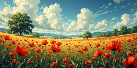 Tableau illustratif hyper réaliste représentant un paysage dynamique de coquelicots colorés. Une œuvre expressive et très décorative, disponible en plusieurs variantes.