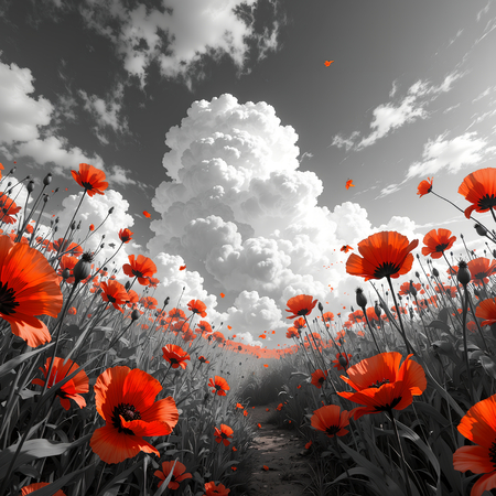 Tableau original représentant des coquelicots rouges sur fond noir et blanc, créant un contraste visuel saisissant. Décoration élégante et expressive.