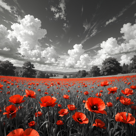 Tableau original représentant des coquelicots rouges sur fond noir et blanc, créant un contraste visuel saisissant. Décoration élégante et expressive.