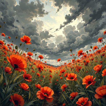 Tableau illustratif hyper réaliste représentant un paysage dynamique de coquelicots colorés. Une œuvre expressive et très décorative, disponible en plusieurs variantes.