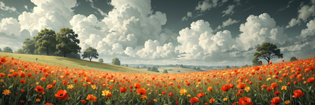 Tableau illustratif hyper réaliste représentant un paysage dynamique de coquelicots colorés. Une œuvre expressive et très décorative, disponible en plusieurs variantes.