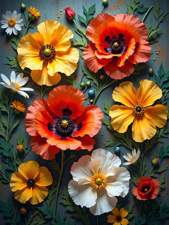 Tableau illustratif doux représentant des fleurs de coquelicots vues en gros plan. Une œuvre subtile et élégante pour une décoration raffinée.