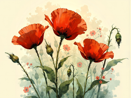Tableau illustratif doux représentant des fleurs de coquelicots vues en gros plan. Une œuvre subtile et élégante pour une décoration raffinée.