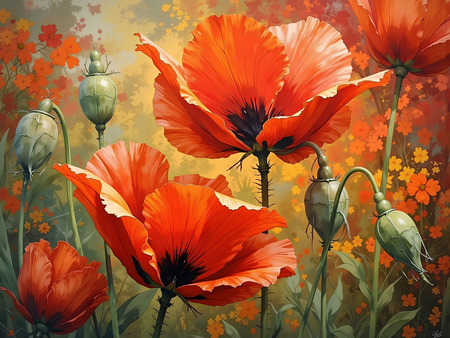 Tableau illustratif doux représentant des fleurs de coquelicots vues en gros plan. Une œuvre subtile et élégante pour une décoration raffinée.