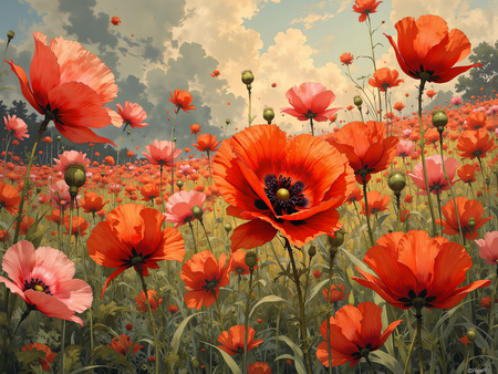 Tableau illustratif doux représentant des fleurs de coquelicots vues en gros plan. Une œuvre subtile et élégante pour une décoration raffinée.