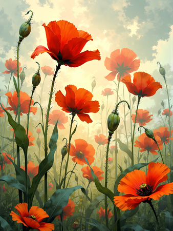 Tableau illustratif doux représentant des fleurs de coquelicots vues en gros plan. Une œuvre subtile et élégante pour une décoration raffinée.
