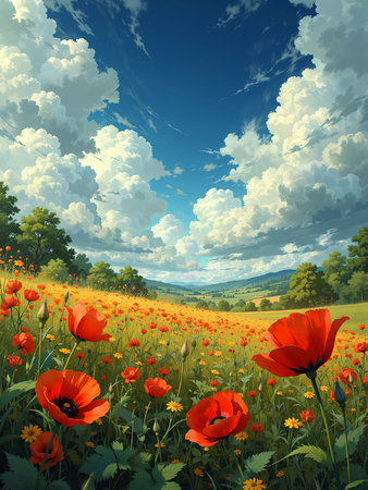 Tableau illustratif hyper réaliste représentant un paysage dynamique de coquelicots colorés. Une œuvre expressive et très décorative, disponible en plusieurs variantes.