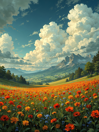 Tableau illustratif hyper réaliste représentant un paysage dynamique de coquelicots colorés. Une œuvre expressive et très décorative, disponible en plusieurs variantes.