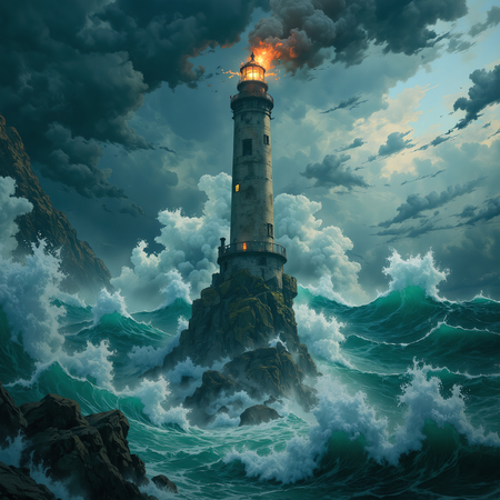 Tableau illustratif photo-réaliste représentant un phare maritime au cœur d'une tempête spectaculaire, ambiance fantastique aux nuances bleu-gris. Une décoration puissante et captivante.