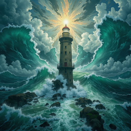Tableau illustratif photo-réaliste représentant un phare maritime au cœur d'une tempête spectaculaire, ambiance fantastique aux nuances bleu-gris. Une décoration puissante et captivante.