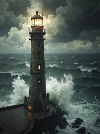 Tableau illustratif photo-réaliste représentant un phare maritime au cœur d'une tempête spectaculaire, ambiance fantastique aux nuances bleu-gris. Une décoration puissante et captivante.