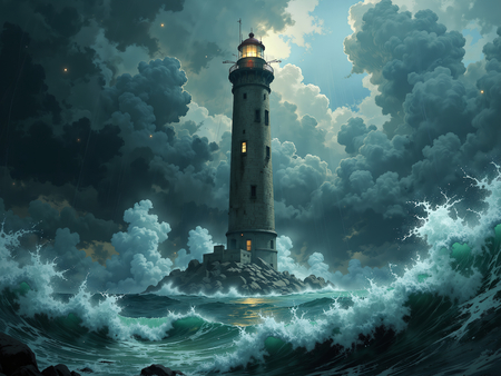 Tableau illustratif photo-réaliste représentant un phare maritime au cœur d'une tempête spectaculaire, ambiance fantastique aux nuances bleu-gris. Une décoration puissante et captivante.