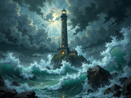 Tableau illustratif photo-réaliste représentant un phare maritime au cœur d'une tempête spectaculaire, ambiance fantastique aux nuances bleu-gris. Une décoration puissante et captivante.