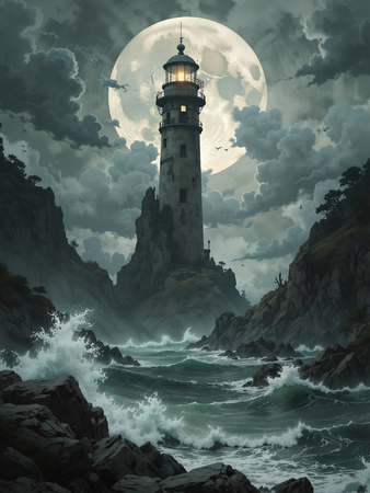 Tableau illustratif photo-réaliste représentant un phare maritime au cœur d'une tempête spectaculaire, ambiance fantastique aux nuances bleu-gris. Une décoration puissante et captivante.