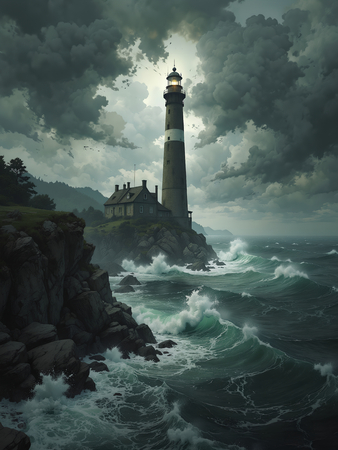 Tableau illustratif photo-réaliste représentant un phare maritime au cœur d'une tempête spectaculaire, ambiance fantastique aux nuances bleu-gris. Une décoration puissante et captivante.