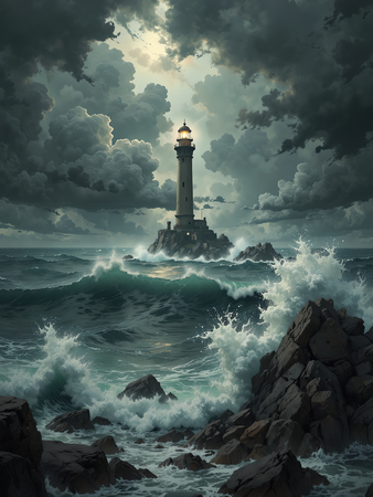 Tableau illustratif photo-réaliste représentant un phare maritime au cœur d'une tempête spectaculaire, ambiance fantastique aux nuances bleu-gris. Une décoration puissante et captivante.