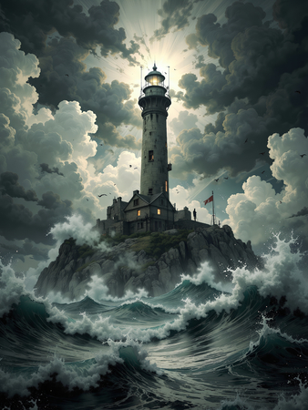 Tableau illustratif photo-réaliste représentant un phare maritime au cœur d'une tempête spectaculaire, ambiance fantastique aux nuances bleu-gris. Une décoration puissante et captivante.