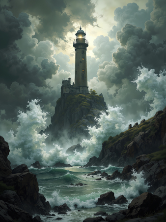 Tableau illustratif photo-réaliste représentant un phare maritime au cœur d'une tempête spectaculaire, ambiance fantastique aux nuances bleu-gris. Une décoration puissante et captivante.