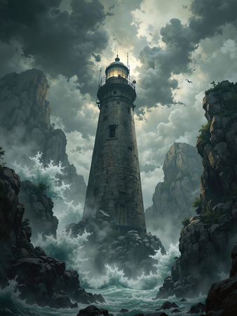 Tableau illustratif photo-réaliste représentant un phare maritime au cœur d'une tempête spectaculaire, ambiance fantastique aux nuances bleu-gris. Une décoration puissante et captivante.