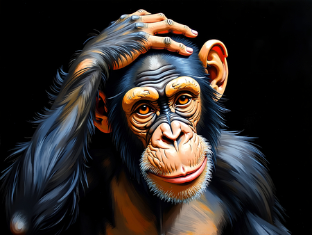 Tableau tout en sobriété représentant un chimpanzé pensif sur fond noir uni, avec une expression subtilement humoristique et intrigante.