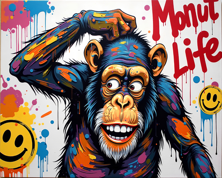 Tableau chimpanzé pensif avec une explosion de couleurs vives et éclats de peinture, réalisé en impression numérique de haute qualité. Décoration audacieuse et expressive.