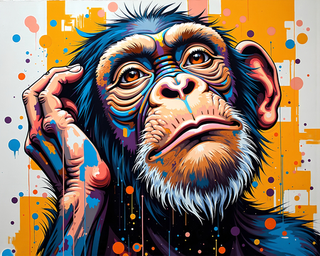 Tableau chimpanzé pensif avec une explosion de couleurs vives et éclats de peinture, réalisé en impression numérique de haute qualité. Décoration audacieuse et expressive.