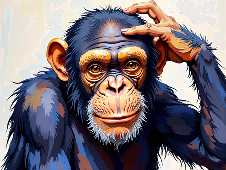 Tableau élégant représentant un chimpanzé pensif sur fond clair, affichant une expression curieuse teintée d'humour subtil.