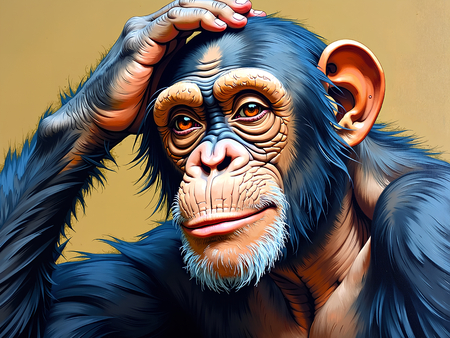 Tableau élégant représentant un chimpanzé pensif sur fond clair, affichant une expression curieuse teintée d'humour subtil.