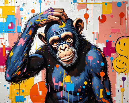 Tableau chimpanzé pensif avec une explosion de couleurs vives et éclats de peinture, réalisé en impression numérique de haute qualité. Décoration audacieuse et expressive.