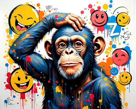 Tableau chimpanzé pensif avec une explosion de couleurs vives et éclats de peinture, réalisé en impression numérique de haute qualité. Décoration audacieuse et expressive.