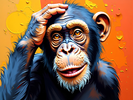 Tableau représentant un chimpanzé pensif sur fond jaune-orangée très vif, imitation peinture au couteau en impression numérique haut de gamme. Contraste subtil et humoristique.