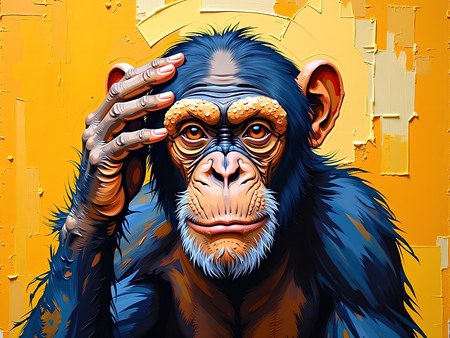 Tableau représentant un chimpanzé pensif sur fond jaune-orangée très vif, imitation peinture au couteau en impression numérique haut de gamme. Contraste subtil et humoristique.