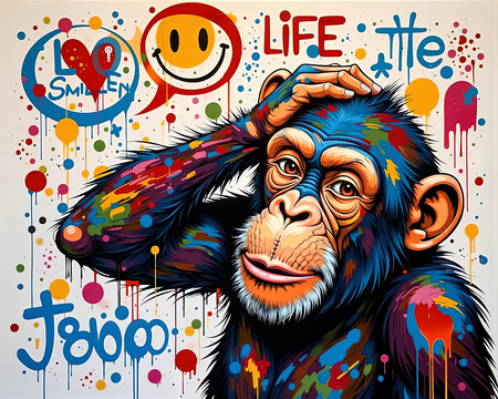 Tableau chimpanzé pensif avec une explosion de couleurs vives et éclats de peinture, réalisé en impression numérique de haute qualité. Décoration audacieuse et expressive.