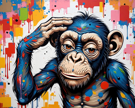 Tableau chimpanzé pensif avec une explosion de couleurs vives et éclats de peinture, réalisé en impression numérique de haute qualité. Décoration audacieuse et expressive.
