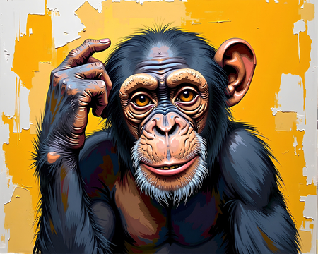 Tableau représentant un chimpanzé pensif sur fond jaune-orangée très vif, imitation peinture au couteau en impression numérique haut de gamme. Contraste subtil et humoristique.
