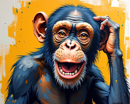 Tableau représentant un chimpanzé pensif sur fond jaune-orangée très vif, imitation peinture au couteau en impression numérique haut de gamme. Contraste subtil et humoristique.
