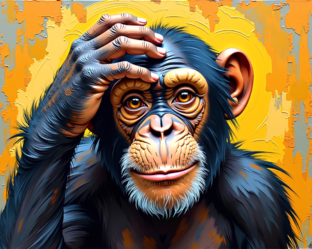 Tableau représentant un chimpanzé pensif sur fond jaune-orangée très vif, imitation peinture au couteau en impression numérique haut de gamme. Contraste subtil et humoristique.