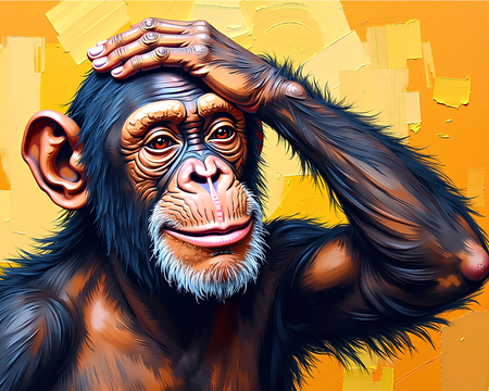 Tableau représentant un chimpanzé pensif sur fond jaune-orangée très vif, imitation peinture au couteau en impression numérique haut de gamme. Contraste subtil et humoristique.