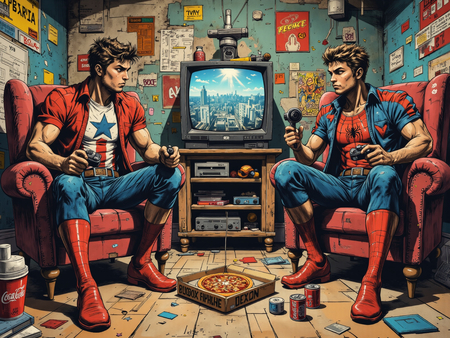 Tableau street art illustrant deux gamers en costumes de super-héros, complètement absorbés par leur jeu vidéo dans une chambre geek chaotique et vintage. Illustration destroy au style affirmé.
