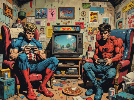 Tableau street art illustrant deux gamers en costumes de super-héros, complètement absorbés par leur jeu vidéo dans une chambre geek chaotique et vintage. Illustration destroy au style affirmé.