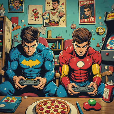 Tableau street art illustrant deux gamers en costumes de super-héros, complètement absorbés par leur jeu vidéo dans une chambre geek chaotique et vintage. Illustration destroy au style affirmé.