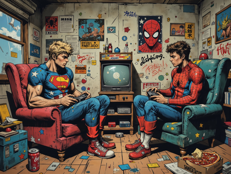 Tableau street art illustrant deux gamers en costumes de super-héros, complètement absorbés par leur jeu vidéo dans une chambre geek chaotique et vintage. Illustration destroy au style affirmé.