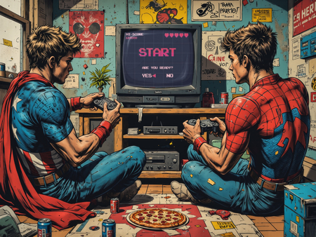 Tableau street art illustrant deux gamers en costumes de super-héros, complètement absorbés par leur jeu vidéo dans une chambre geek chaotique et vintage. Illustration destroy au style affirmé.