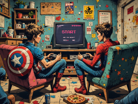 Tableau street art illustrant deux gamers en costumes de super-héros, complètement absorbés par leur jeu vidéo dans une chambre geek chaotique et vintage. Illustration destroy au style affirmé.