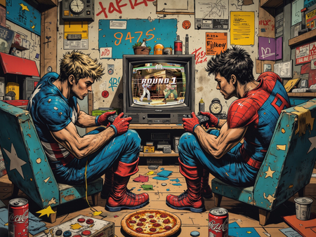 Tableau street art illustrant deux gamers en costumes de super-héros, complètement absorbés par leur jeu vidéo dans une chambre geek chaotique et vintage. Illustration destroy au style affirmé.