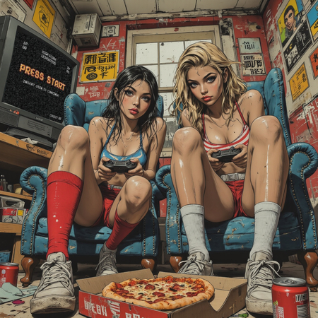 Tableau street art provocant illustrant deux gameuses sexy plongées dans leur jeu vidéo, ambiance destroy dans un décor geek chaotique et vintage.